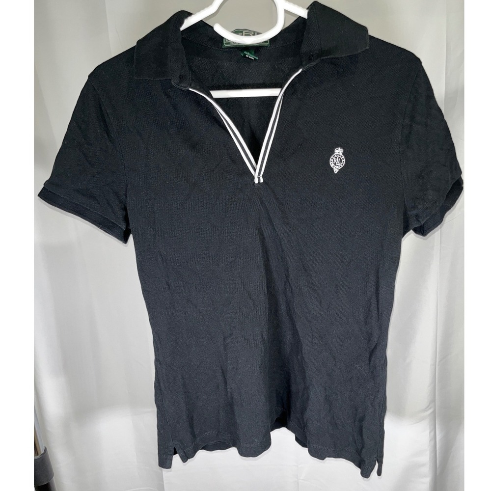 Lauren Ralph Lauren Active Polo Shirt Black V-Neck Crest Logo Cotton Small S